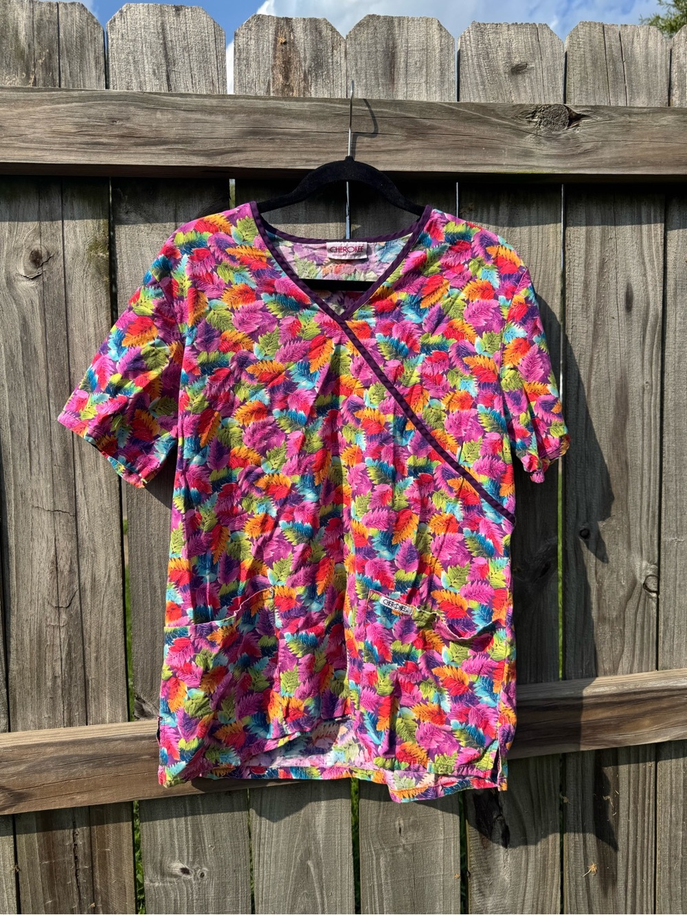 Cherokee Multicolor Floral V-Neck Scrub Top - Pink, Yellow, Blue, Green